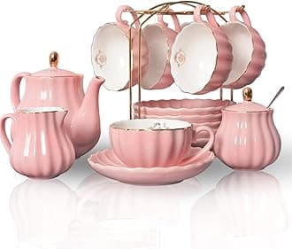 Pukka Home Porcelain Tea Sets British Royal Series, 8 OZ Cups& Saucer Service for 6, with Teapot Sugar Bowl Cream Pitcher Teaspoons and tea strainer for Tea/Coffee, (Pink)