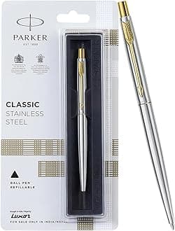 Classic Stainless Steel Gold Trim Ball Pen | Blue Ink | Ballpoint Pen for Smooth Writing | Elegant Design and Great for Gifting or Celebrations