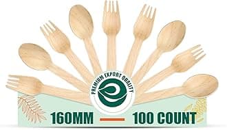 ECO SOUL [160mm, 100 Pack] Disposable Spoons & Forks Set | Wooden Dining Flatware | Ideal for Kids Birthday, Wedding & Party