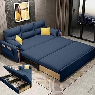 Unicorn Furniture Convertible Sofa Bed King Size Pull Out Sofa Bed with Storage in Cotton Fabric, Tool-Free Assembly, Modern Reclining Sleeper Sofabed for Living Room, Guest Room & Small Spaces (Blue)
