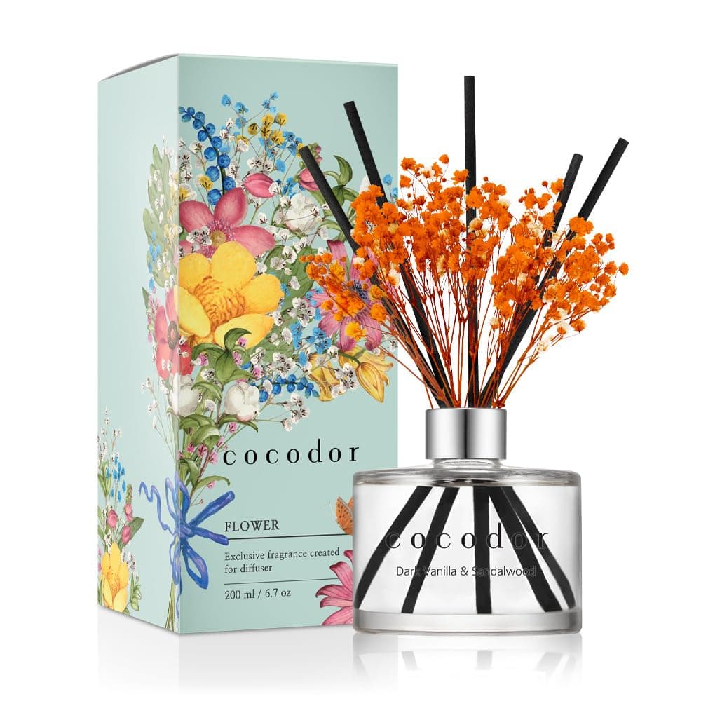 COCODOR Flower Reed Diffuser Set / 6.7oz /Scent Diffuser with Sticks Home Fragrance Reed Diffuser for Bathroom Shelf Decor (Dark Vanilla and Sandal Wood)