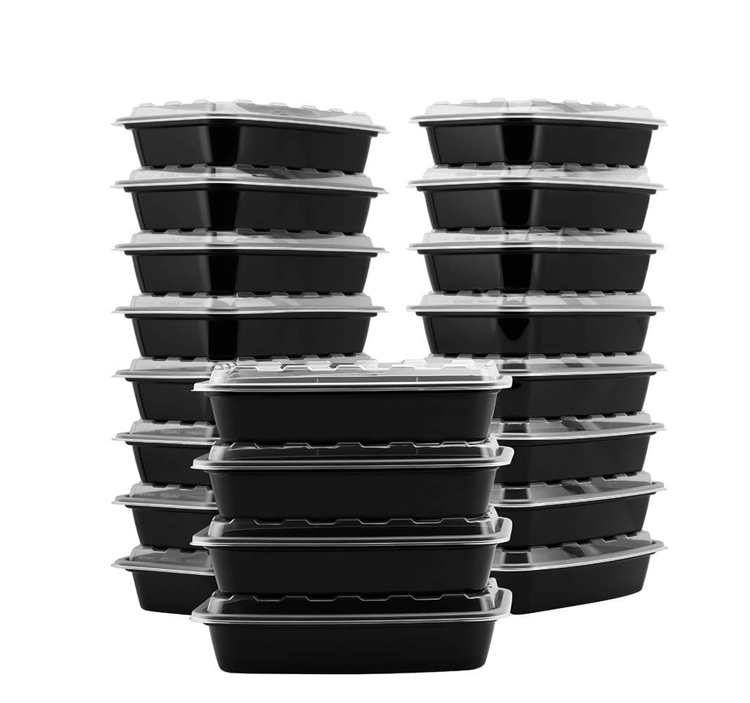 Snap Pak 50 Piece Pack (25 bases, 25 lids) Rectangular Food Storage Containers, 38 oz., Black Base/Clear Lid, 279, 100% PBA Free, Perfect For Food Prep