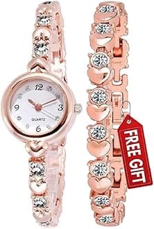 Premium Girl's Special Quality Different Heart Shape Bangle Analog Watch with Rose Gold Bracelet - Pack of 2