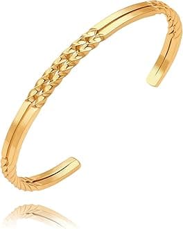 PERNNLA PEARL Dainty Gold Bar Bracelet for Women Simple Delicate Thin Cuff Bangle Hook Bracelet 18K Gold Plated Handmade Minimalist Jewelry