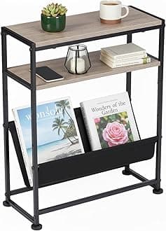 Narrow End Table for Small Spaces - Slim Side Table with Magazine Holder,2 in 1 Design Narrow Coffee Table Living Room,Skinny Bedroom Nightstand Thin Side Magazine Table,Oak