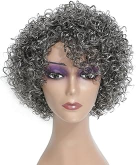 HUA Grey Glueless Wigs Human Hair Wigs for Black Women Grey Short Curly Wigs for Black Women Human Hair Mixed Kinky Curly Wear and Go Glueless Wig Ombre Gray 8 Inch Short Wigs for Older Women