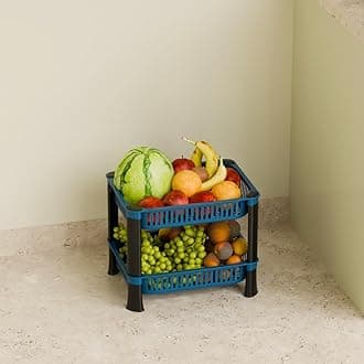 Multipurpose Plastic Storage Rack for Kitchen, Onion Potato Sabji, Fruit Corner Storage Stand Basket, Folding Rack, Countertop Kitchen Organizer Cart, Trolley Rack (2 Layer, Blue)