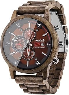 Men's Wooden Watch, Stylish Date Display Chronograph Military Quartz Wrist Watch, 3 Sub-dials Handmade Casual Light Luminous Watch