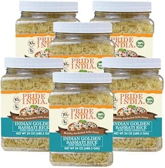Pride Of India - PACK of 6 - Extra Long Indian Golden Basmati Rice - Healthy Parboiled Sella Grain, 1.5 Pound Jar