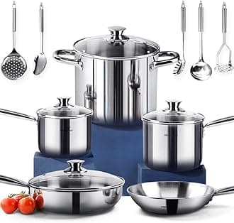 14-Piece Nickel Free Stainless Steel Cookware Set - Nickel Free Pots and Pans Set - Non-Toxic, Healthy Induction Cookware