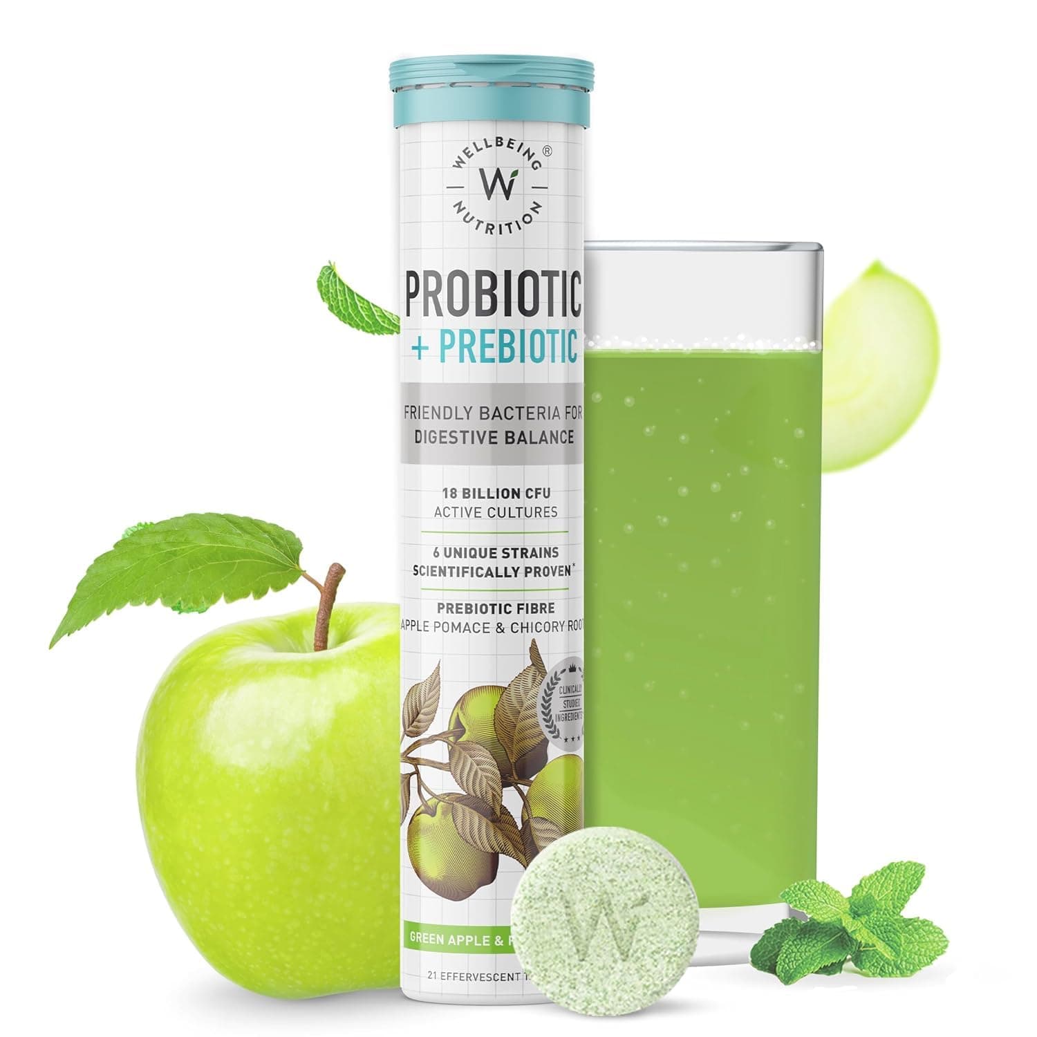 Wellbeing Nutrition Daily Probiotic + Prebiotic| Plant Based |36 Billion CFU, 6 Strains for Men & Women with Organic Prebiotic Fiber for Digestion, Gut Health, Metabolism | 21 Effervescent Tabs