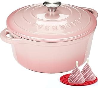 Overmont 24cm/4.2L Enamelled Cast Iron Round Casserole Pot With Lid Cookbook & Cotton Potholders - Non-stick Dutch Oven Cookware for Braising, Stews, Roasting, Bread Baking - Pink, 4.5QT