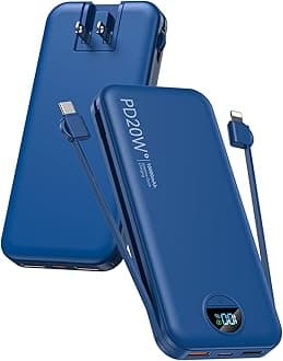 Portable Charger Power Bank, 10000mAh PD20W USB C Fast Charging with Built-in Cables & Wall Plug, 5-in-1 External Battery Pack with LED Display, Perfect Backup for iPhone, iPad, Samsung Navy