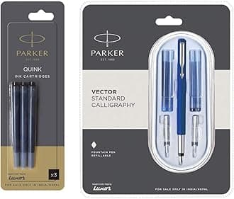 Parker Vector Standard Calligraphy CT Fountain Pen (Blue), 7 Piece Set (9000017372) Quink Ink Cartridges - Fountain Pen - Black- Pack of 3