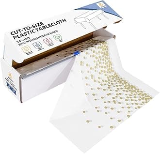 54 Inch X 100 Feet Plastic Table Cover Roll Disposable Tablecloth with Slide Cutter for All Type/Shape Tables | Picnic, Party, Banquet, Birthdays, Weddings (White & Gold Dot)