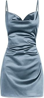 Women's Satin Sleeveless Spaghetti Strap Mini Dress Sexy Slip Cowl Neck Silky Cocktail Party Dresses