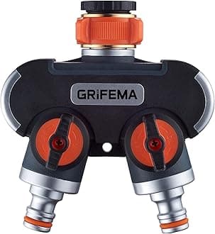 GRIFEMA GE1401-2 Garden Hose Splitter 2 Way, Double Hose Connector, Y Valve Water Tap Splitter, 3/4"and 1/2" Tap Distributor for Outdoor Tap and Garden Hoses, Orange / Black