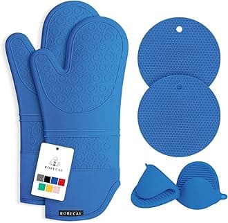 6pcs Oven Mitts and Pot Holders Sets for Kitchen, Extra Long Non-Slip Silicone Oven Gloves Heat Resistant 500 Degrees Potholders Hot Pads for Baking Cooking, Quilted Liner, RoyalBlue