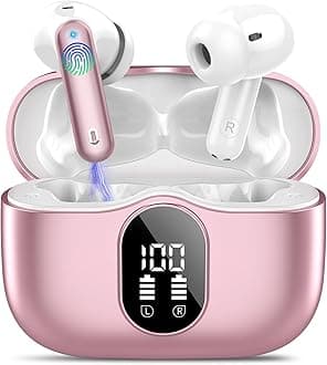 Wireless Earbuds, Bluetooth 5.4 Headphones Bass Stereo, Ear Buds with Noise Cancelling Mic, IP7 Waterproof in Ear Earphones, 36H LED Display Bluetooth Earbuds for Laptop Pad Phones Sports, Rose Gold