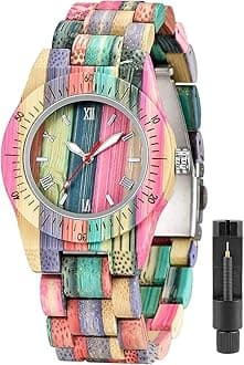 Womens Wooden Watch with All Wood Strap Analog Classic Design Colorful Bamboo Ladies Watches for Women, Couples