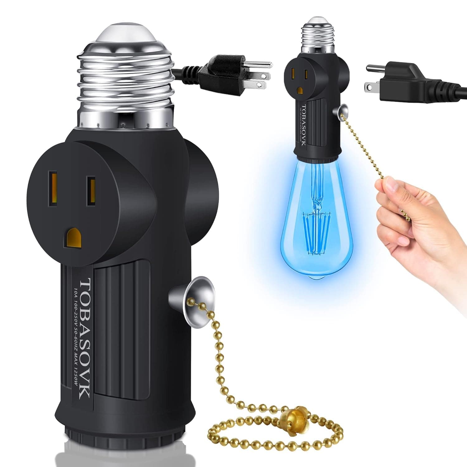 Light Socket to Plug Adapter, Both Sides Support 3 Prong Light Socket Adapter, Professional Materials Light Bulb Outlet Socket Adapter with Switch Control, E26 E27 Light Bulb Socket Adapter - Black