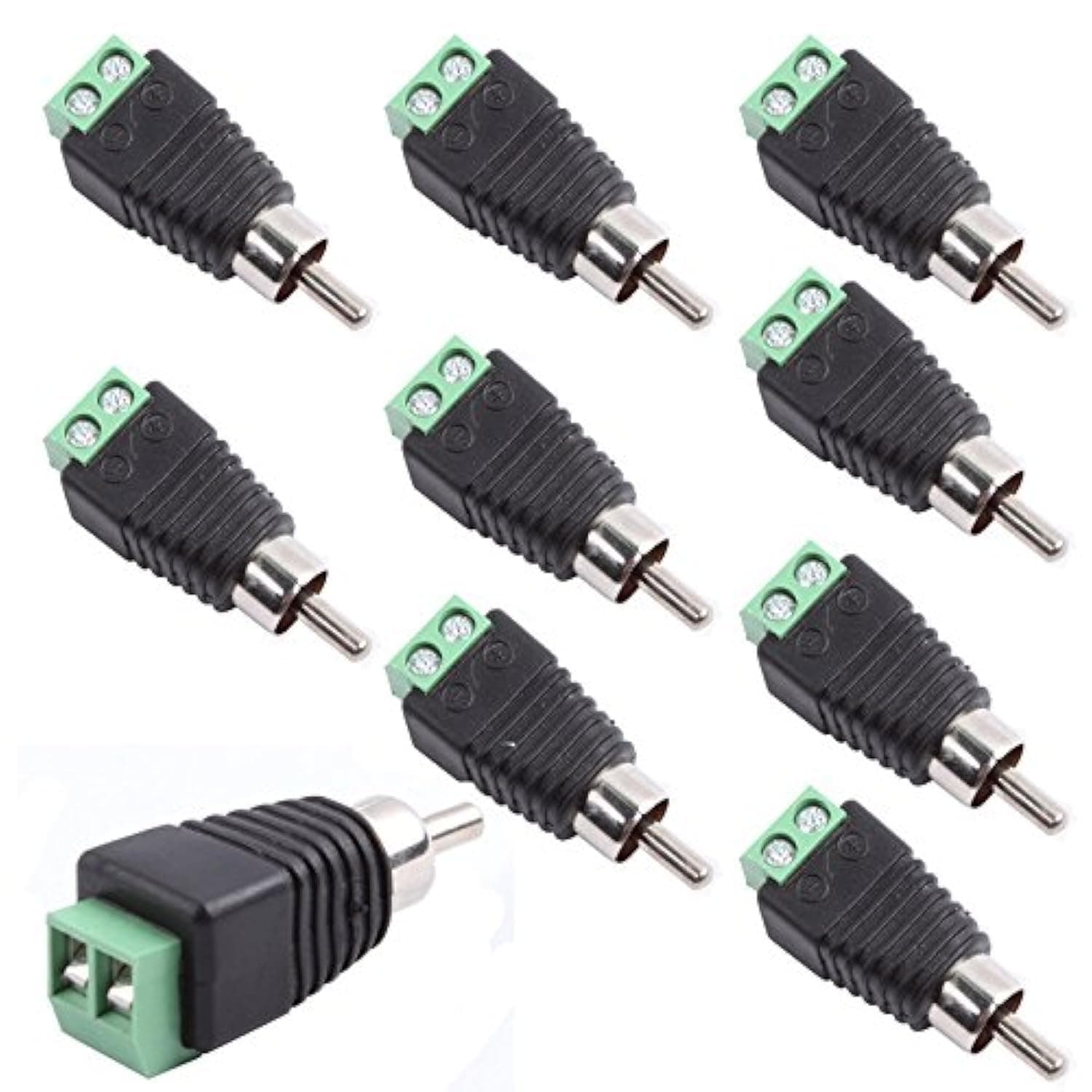 RCA Male Plug to AV Screw Terminal Audio/Video Connector 10-Pack, RCA Plugs for Speaker Wire, Solderless Phono RCA Adapter