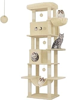 Hzuaneri Cat Tree for Indoor Cats, 210 cm Large Tall Cat Tower, Multi-Level Cats House with Condo, 8 Scratching Posts, Hammock, 4 Pom Poms, Beige MS21018YL