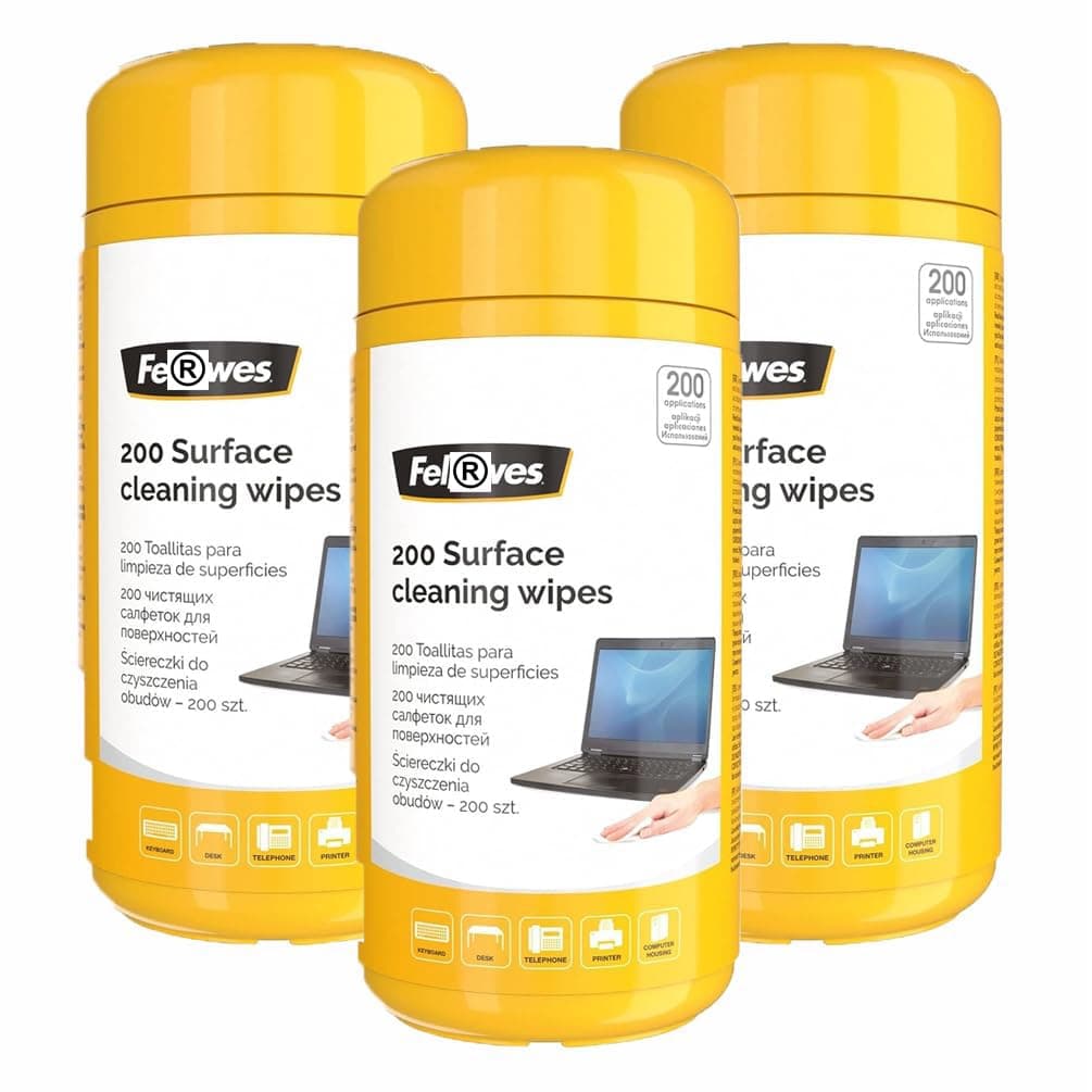 3 x Fellowes Performance 200 Pack Multi Surface Tech Wipes Tub | Anti-Static & Alcohol Free | Remove Dirt/Grease Work Space & Devices | 600 Wipes in Total