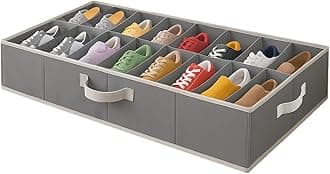 Under Bed Shoe Storage Organizer - TEAR-RESISTANT Heavy Duty 600D Material - Fits All Styles Men's and Women's Shoes, Up to 16 Pairs - Extra-Strong Zipper - Grey - Perfect for College Dorms