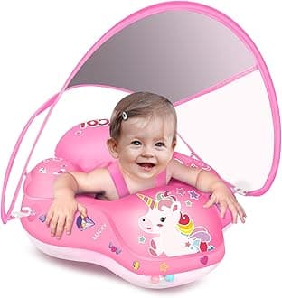 Baby Pool Float No Flip Over, Inflatable Baby Float with Sun Protection Canopy, Baby Swimming Float, Baby Swim Float with Double Air Chambers, Add Tail for Age of 3-36 Months