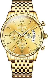 OLEVS Men's Stainless Steel Chronograph Watch, Big Face Gold Silver Black Tone Easy to Read Analog Quartz Watch, Luxury Waterproof Date Diamond Roman Arabic Numerals Dial Dress Watch for Men