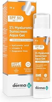 The Derma Co 1% Hyaluronic Aqua Gel Sunscreen SPF 50 PA++++ with Vitamin E, Oil-Free, No White Cast | Broad Spectrum UVA/UVB, Blue Light & Anti-Pollution Protection, Fast-Absorbing & Hydrating, 50g