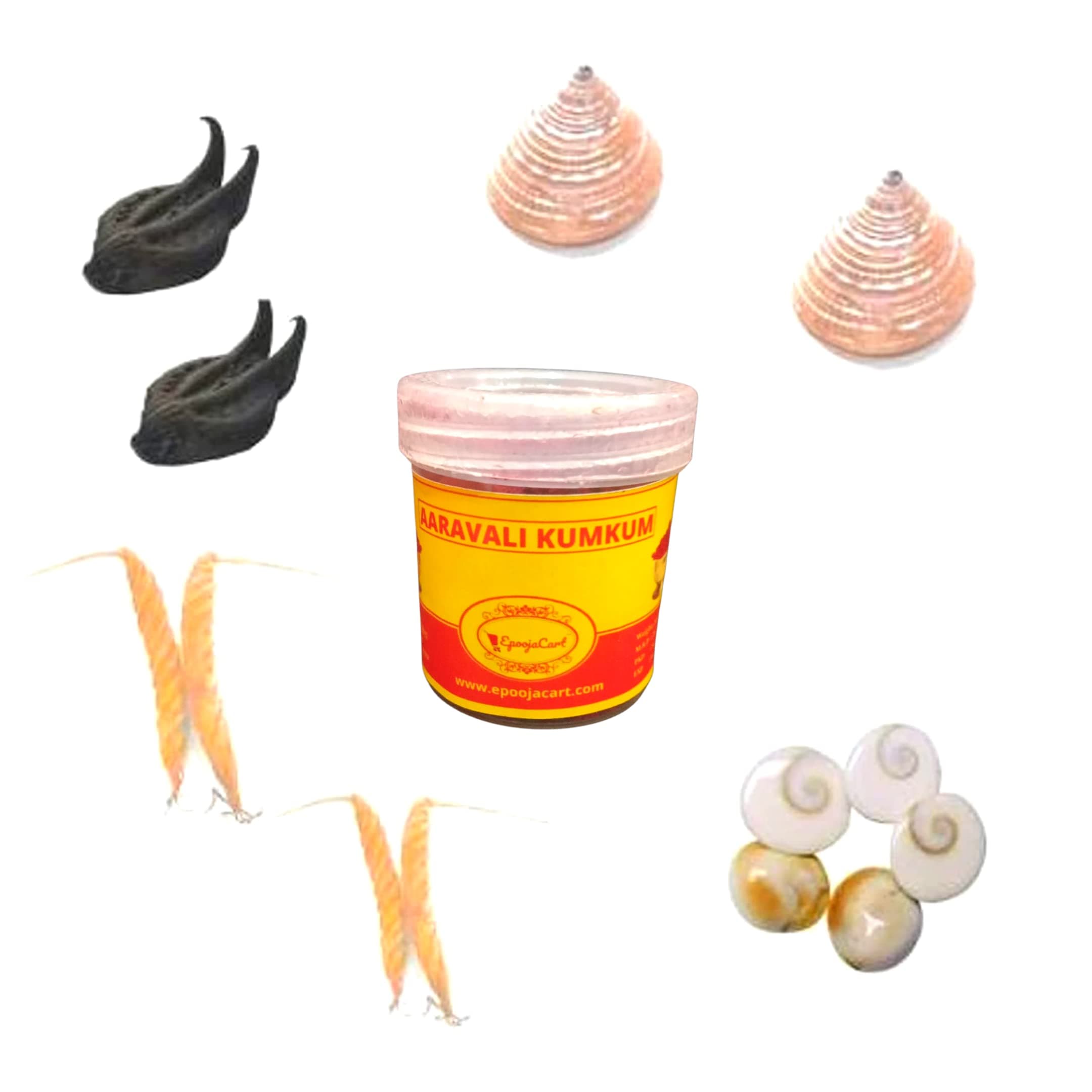 Evil Pod/Devil Pod Gomathi Chakras with 2 Bat Head Roots, 2 Balamuris, 2 Edamuris, 2 Mutyapu Shanku - Set 5 (20 GMS Aaravali Kumkum Free)