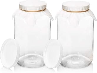 kitchentoolz 1 Gallon Glass Wide Mouth Airtight Lids Mason Jar SCOBY Hotel Home Brewing and Fermenting Kit with Cotton Cloth Filter, Rubber Band