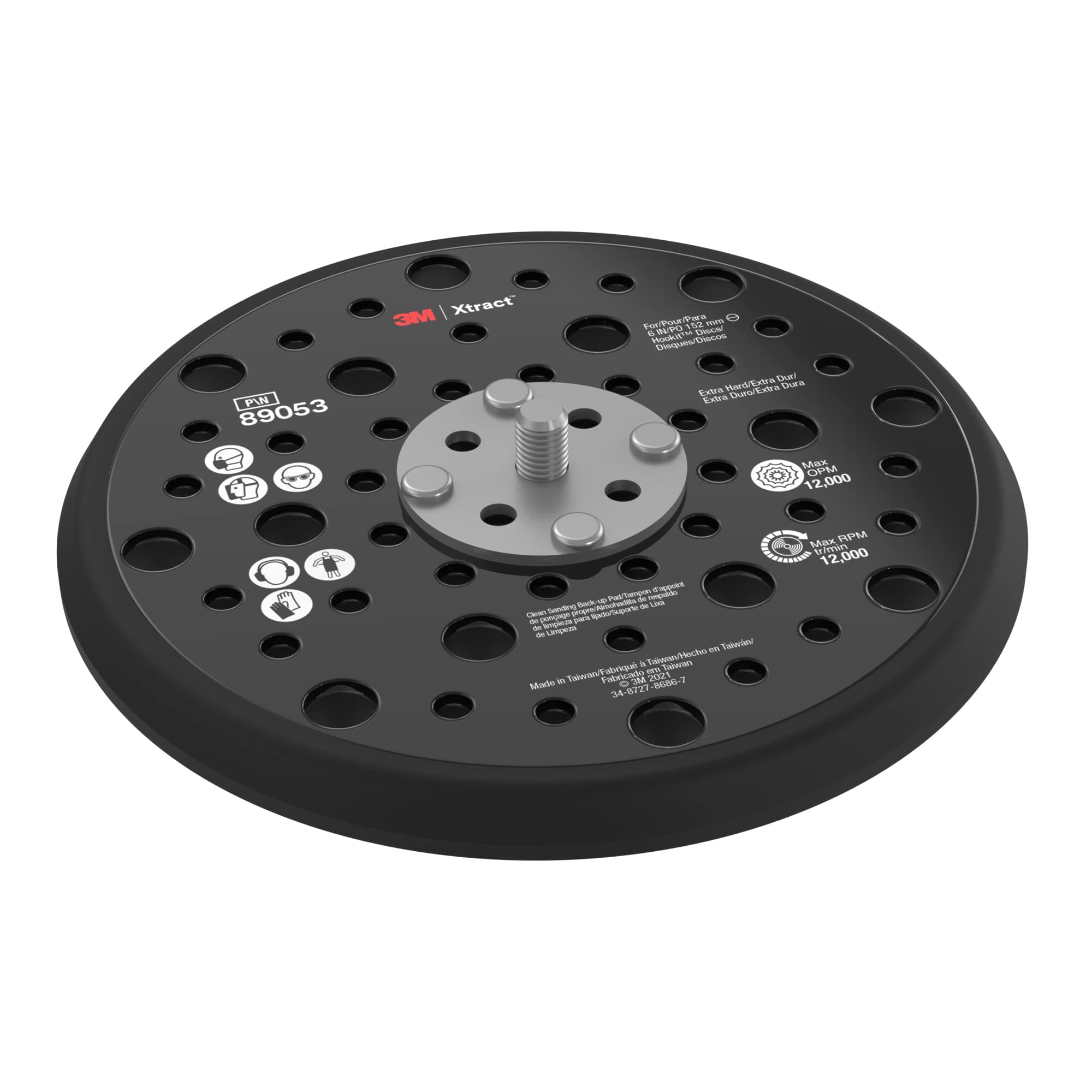 3MXtract Hookit Hook and Loop Sanding Disc Backup Pad, 89053, 6 in, Max 12,000 RPM OPM, Extra Hard, 49 Holes, Low Profile Finishing Disc Pad, 5/16-24 EXT