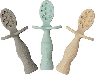 UpwardBaby 3 Pack Baby Spoons - Self Feeding 6 Months - Chewable Toddler Utensils with Anti Choke Barrier - Silicone