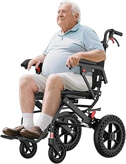 18”W x 18”D Seat Wheelchairs for Adults Transport Chair Lightweight Foldable with Telescopic Handle, Portable Folding Travel Wheel Chairs for Seniors，21.4 lbs，12” Rear Wheel