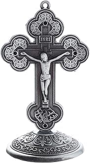 KOMI Crucifix Cross Metal Statue for Car, Car Dashboard Decorations Bless Driving Safety Gift for New and Old Driver, Christian Catholic Figurines, Religious Gifts Home Office Table Decor