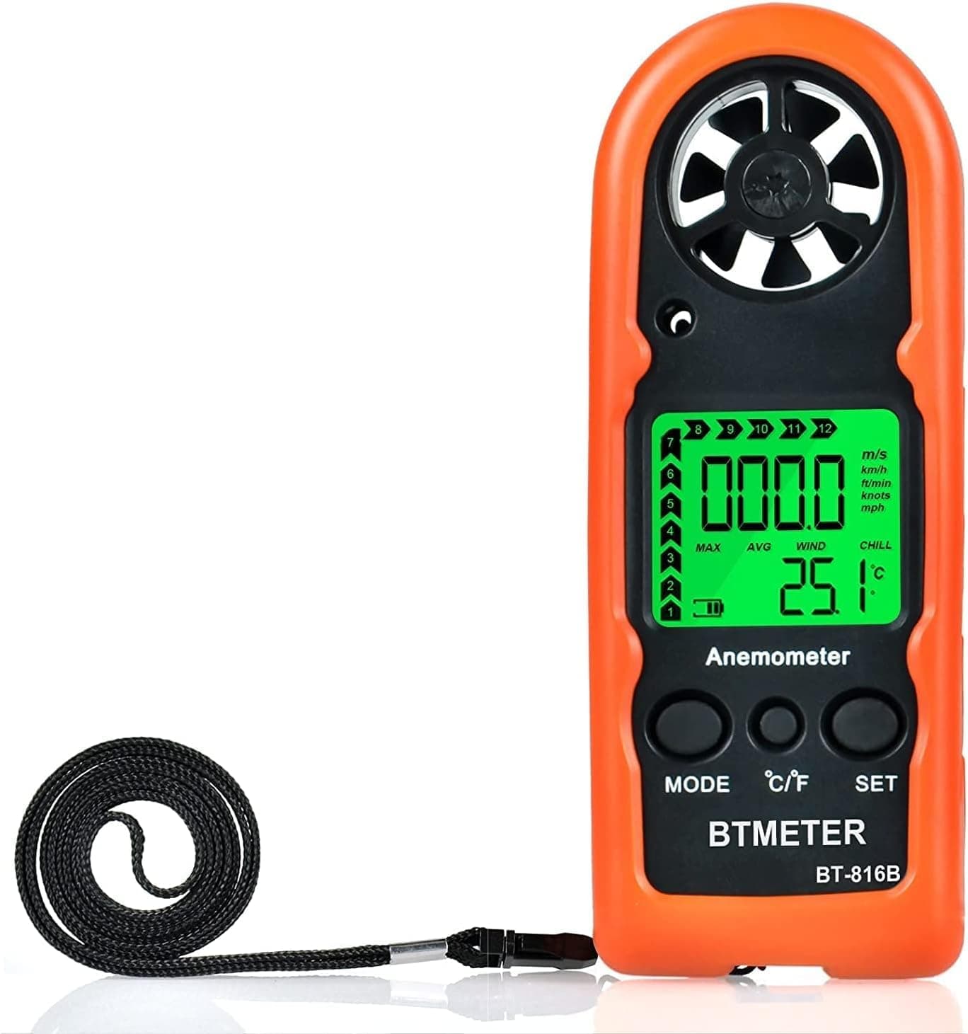 BTMETER Anemometer Handheld Wind Speed Meter, BT-816B Mini Digital Air Flow Meter with LCD Backlight/Wind Chill & Temp, Max/Avg/Current Mode to Measure Air Flow Velocity for Sailing Drone Golf HVAC