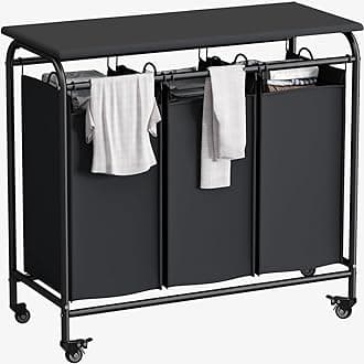 LINZINAR 3 Bag Laundry Basket Sorter Heavy Duty Rolling Lockable Wheels Laundry Hamper Cart with Ironing Board and Removable Bags, Black