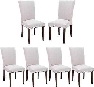 COLAMY Upholstered Fabric Dining Chairs Set of 6, High Back Padded Chairs w/Nailed Trim & Solid Wood Legs, Classic Parsons Chairs Side Chair for Home/Kitchen/Living Room-Beige (A420-BEIGE-6pcs)