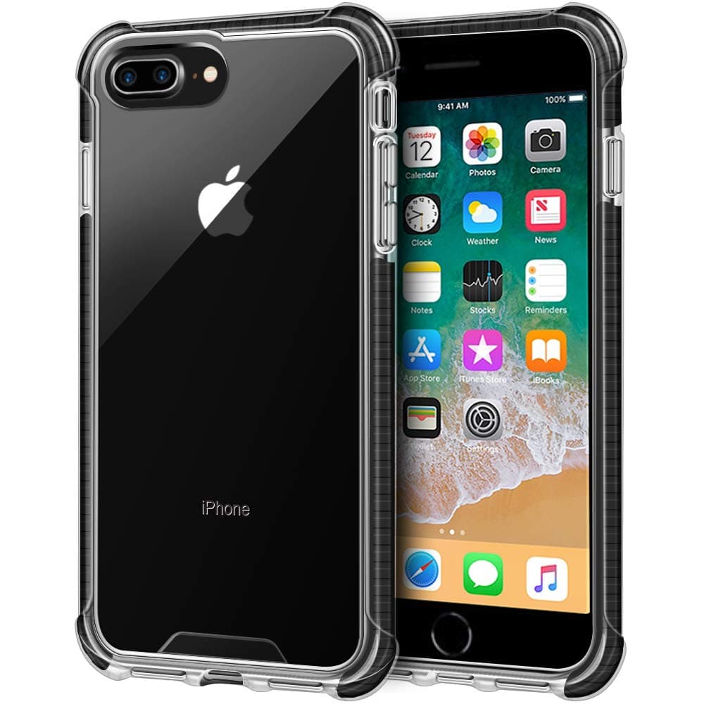 iPhone 8 Plus Case Clear, Phone 7 Plus Case Clear, Shockproof Slim Hybrid Protective Case with 4 Corners Drop Protection Cushion TPU Bumper Transparent Cover for iPhone 8 Plus /7 Plus, Black