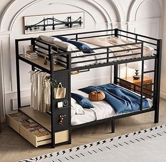 Bellemave Bunk Bed Full Over Full,Metal Bunk Bed with Shelf and Guardrails,Full Bunk beds with Storage Drawers and Clothes Hooks for Kids, Teens & Adults（Black）