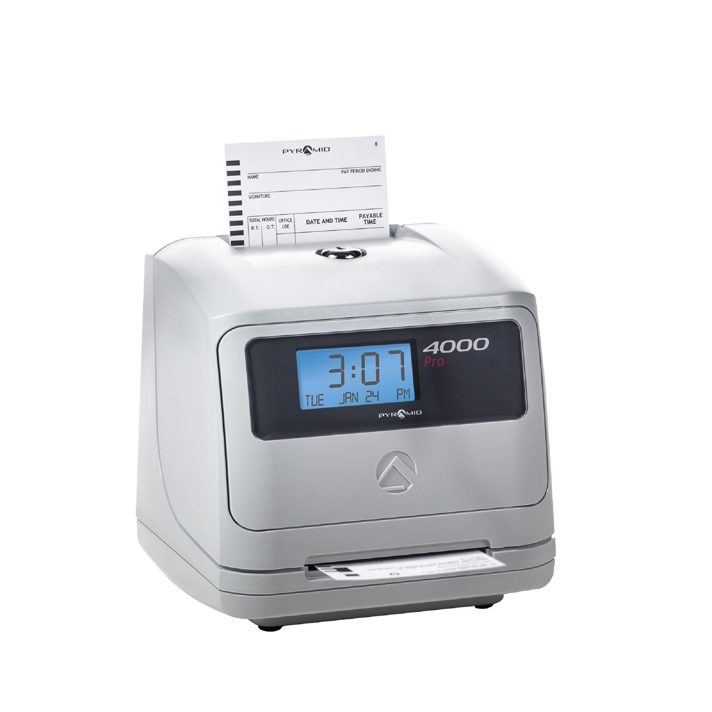 Pyramid Time Systems - Model 4000 Auto Totaling Time Clock, Electronic Time Punch Clock for Small Business, Bundle Includes: 25 Time Cards,Ribbon and 2 Security Keys - Silver ( 7.25"h x 7"w x 6.75"d)