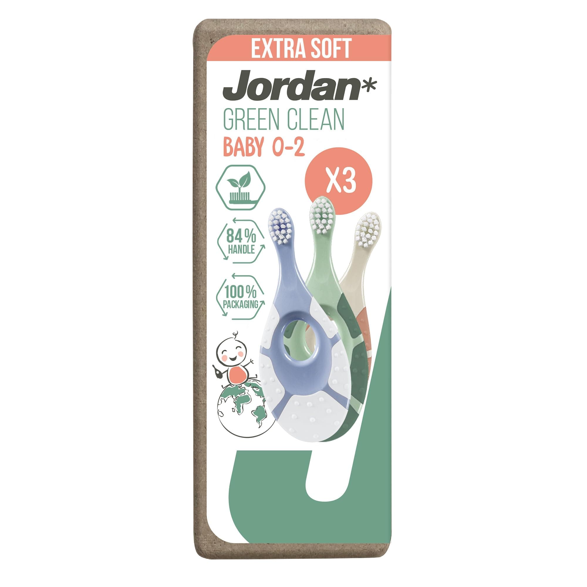 Jordan ® | Step 1 Green Clean Toddler Toothbrush | Sustainable Baby Toothbrush 0-2 Years | Bio Based Extra Soft bristles, 84% Recycled Handle, Soft Biting Ring | Mixed Colors | Pack of 3