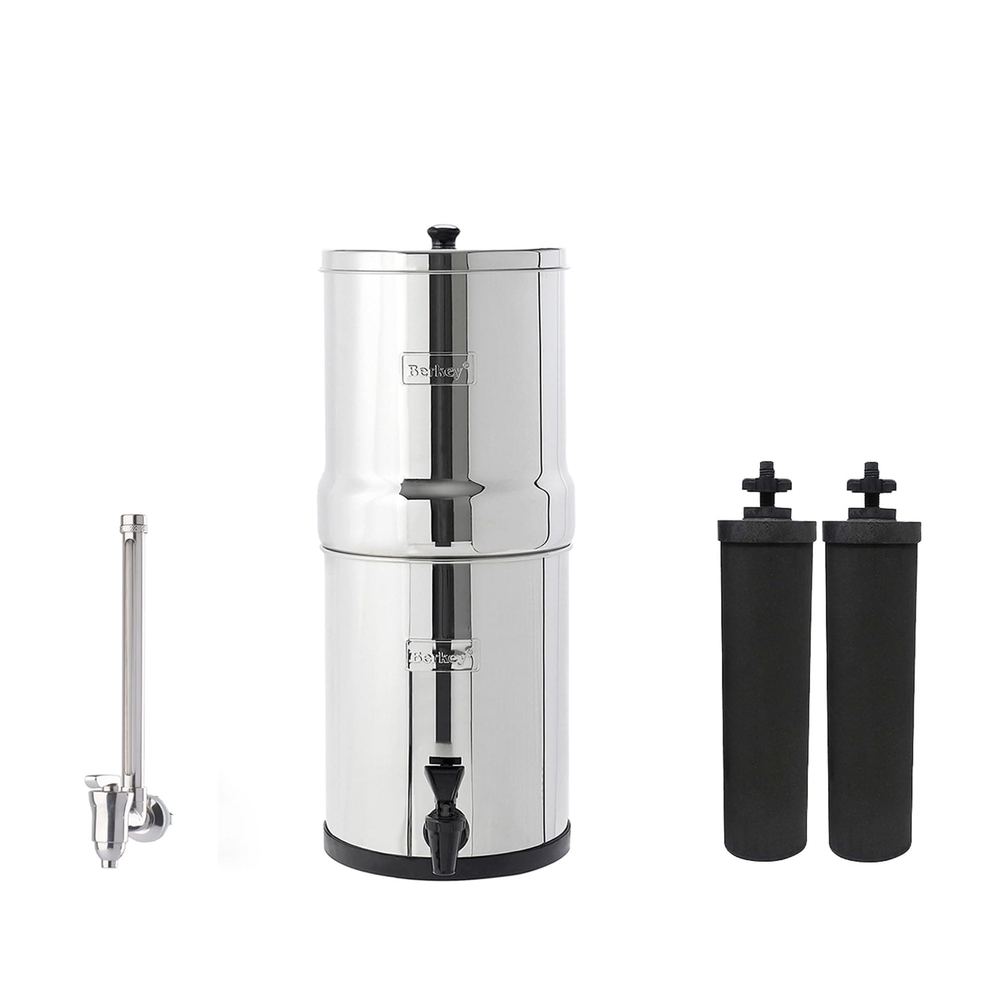 Travel Gravity-Fed Water Filter System with 2 Black Elements Plus Deluxe 7" Stainless Steel Water View Spigot