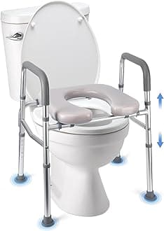 Raised Toilet Seat, 350LB Stand Alone Homecare Commode Bathroom Assist Frame for Elderly, Handicapped, Disabled, Adjustable Height, Padded Seat