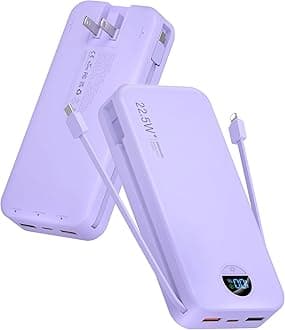Portable Charger Power Bank, 20000mAh 22.5W USB C Fast Charging with Built-in Cables & Wall Plug, External Battery Pack with LED Display, Travel Essentials for iPhone, iPad, Samsung Purple