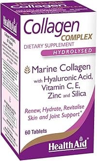HealthAid Collagen Complex – Marine Hydrolyzed Collagen with Hyaluronic Acid, Vitamins C & E, and Zinc | 60 Tablets (2 Daily) to Support Skin Hydration & Elasticity
