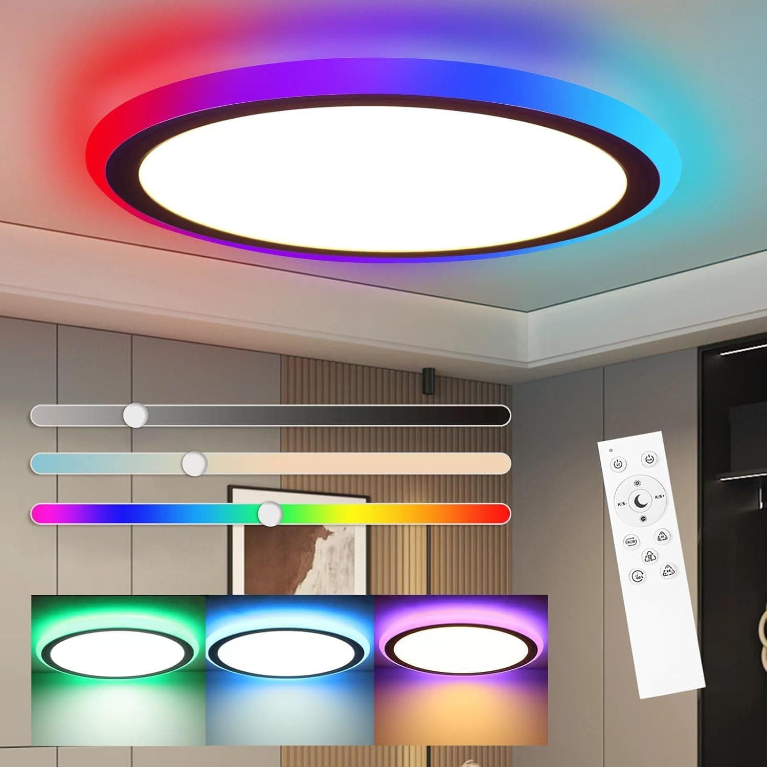 Flush Mount LED Ceiling Light Dimmable with Remote Control, 13Inch 30W RGB Sidelight Close to Ceiling Light Fixture 3000-6500K, Modern Ultra-Thin Round Ceiling Lamp for Bedroom Kids Room